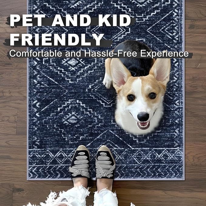 KILOCOCO Hallway Runner Rug 2x8 Runners for Hallways Washable Runner Rug Non Slip Rubber Backed Low-Pile Runners for Bedroom Kitchen Living Room Laundry Room Boho Rugs, Dark Blue