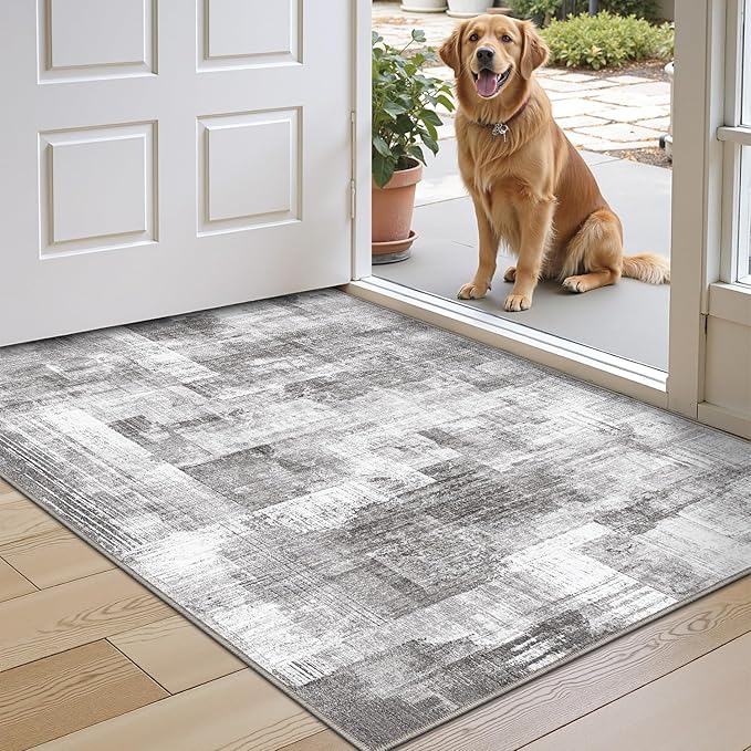 LUMI Ultra Thin Door Mat, 18x30 Non Slip Indoor Doormat Entrance Washable Rugs Entryway Oriental Vintage Soft Carpet for Kitchen Bedroom Front Door, Grey