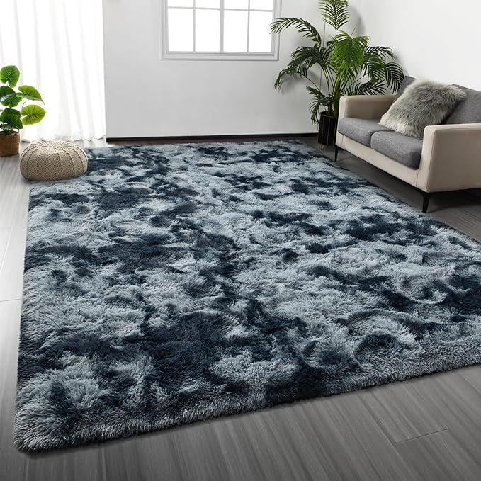 Shag Area Rug, 4 X 6 Tie-Dyed Plush Fuzzy Rugs for Living Room, Ultra Soft Fluffy Furry Rug for Bedroom, Indoor Carpet Nursery Rugs for Kids Room Home Decor, Blue and Grey
