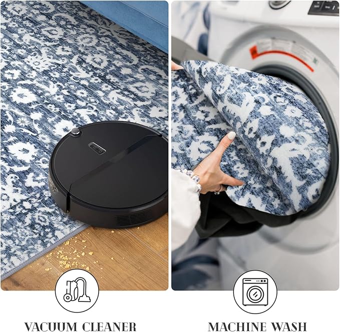 Vintage Runner Rug 3x10, Light Blue White Washable Kitchen Runner Non-Slip Soft Hallway Rug Runner Floral Thin Print Faux Wool Carpet for Entryway Bedroom Laundry Room Indoor Home Office Decor
