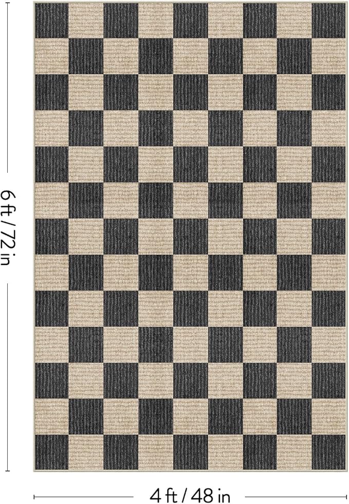 LIVEBOX 4x6 Washable Area Rug Checkered, Non-Slip Small Entryway Rug Black Farmhouse Neutral Classic Geometric Boys Rug for Bedroom Living Room Low-Pile Carpet for Indoor Kitchen Bathroom(Black 4'x6')