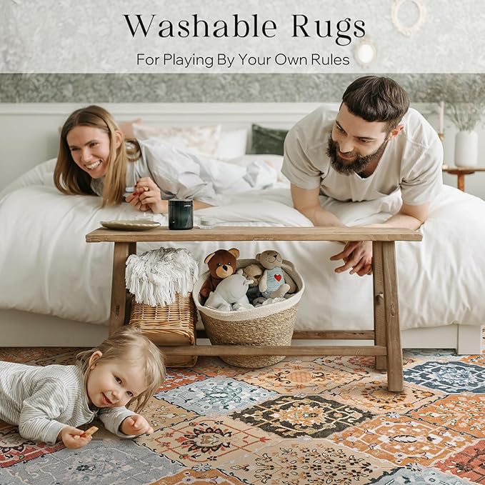 Phantoscope Washable Area Rug 6'x9' Non-Slip, Vintage Boho Rugs for Living Room, Bedroom, Dining Room, Distressed Moroccan Mosaic Diamond Pattern, Low-Pile Foldable Floor Carpet, Terracotta/Rust