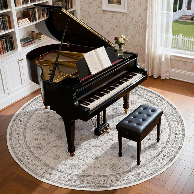 jinchan Round Rug 8ft Washable Circle Soft Rug - Low Pile Vintage 8'Round Indoor Beige Floral Print Stain Resistant Boho Carpet Ultra-Thin Non-Slip for Living Room Bedroom Dining Room Kitchen