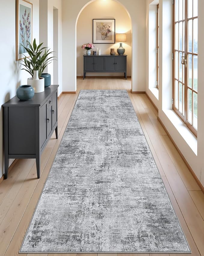 DEXI Hallway Runner Rug 3x12, Modern Abstract Non Slip Thin Soft Runners Carpet, Stain Resistant Washable Indoor Rug for Hallway Entryway Kitchen Laundry Room Living Room, Light Grey