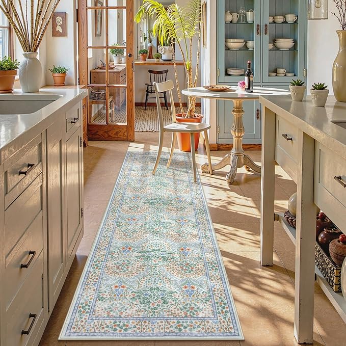 Lahome Floral Washable Kitchen Runner Rug, 2x6 Runners for Hallways Non Slip Ultra-Thin, Boho Soft Hallway Rug Forest Carpet Runners for Bedroom Bathroom Laundry Room, Green