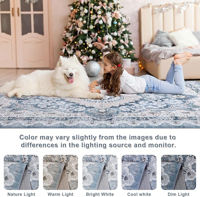 5x7 Area Rug for Bedroom, Machine Washable Rugs with Non-Slip Backing for Living Room, Soft Vintage Carpet Kitchen Laundry Kids Room Decor, Blue & Beige