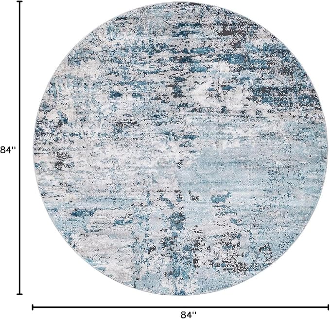 Rugs.com Leipzig Collection Round Rug – 7 Ft Round Blue Low-Pile Rug Perfect for Kitchens, Dining Rooms