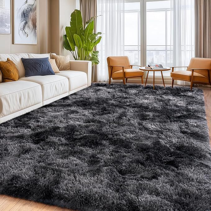 Fluffy Carpet for Living Room, Furry Carpet for Teen, Shaggy Rug for Nursery Room, Black Grey Fuzzy Plush Rug for Dorm 6x9 Feet