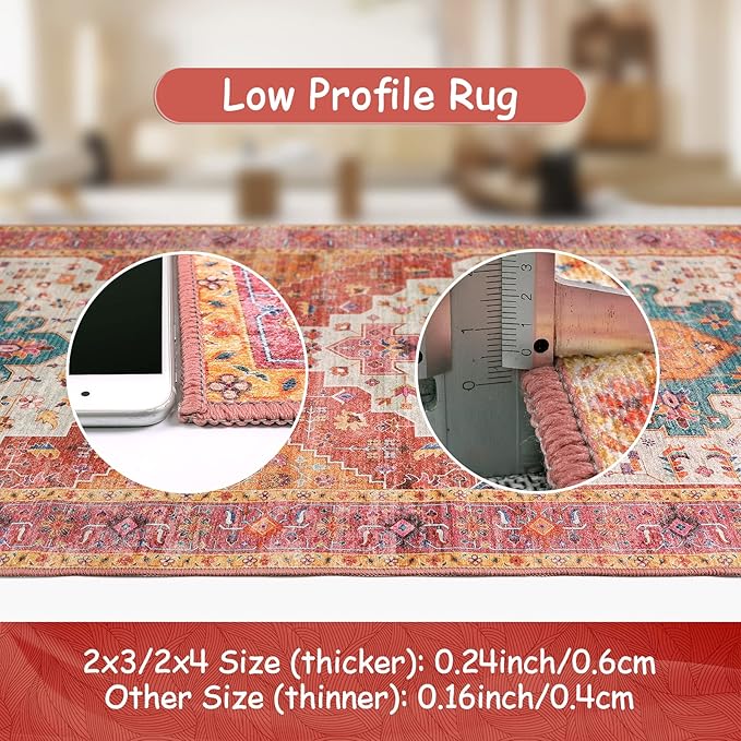 Moynesa Ultra-Thin Washable Area Rug - 4x6 Pink Rugs for Bedroom Girls Vintage Rug for Living Room, Non Slip Non Shedding Low Pile Indoor Throw Carpet for Nursery Office Entryway Kitchen Foyer