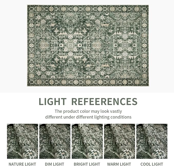 Area Rug 6×9 Washable Rugs for Bedroom, Vintage Floral Rug Soft Non Slip Stain Resistant Carpet for Living Room Dinning Room Kitchen Home Office Green Black