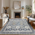 Bavni Washable Rug 5x7 Area Rug for Living Room Bedroom Dining, Washable Vintage Print Carpet, Ultra-Thin Chenille Low Pile Lightweight Rug with Non Slip Backing, Blue