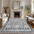 Bavni Washable Rug 5x7 Area Rug for Living Room Bedroom Dining, Washable Vintage Print Carpet, Ultra-Thin Chenille Low Pile Lightweight Rug with Non Slip Backing, Blue