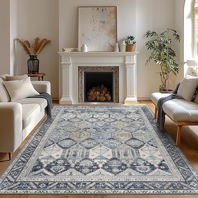 Bavni Washable Rug 8x10 Area Rug for Living Room Bedroom Dining, Washable Vintage Print Carpet, Ultra-Thin Chenille Low Pile Lightweight Rug with Non Slip Backing, Blue