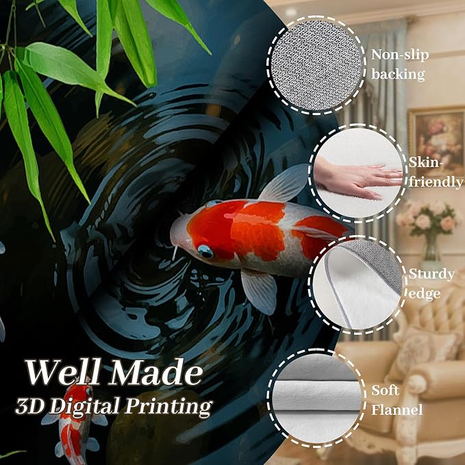 Pond Koi Fish Living Room Rug, 6x8ft, Summer Greenery Moss Stream Indoor Decor Carpet, with Non-Slip Backing Absorbent Thin Mat, Soft Easy Clean Washable Rugs for Office Entryway