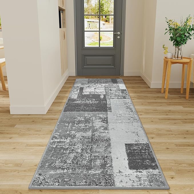 LOCHAS Washable Runner Rugs for Hallway, 2x6 Non Sip Soft Rug for Bedroom Entryway Kitchen Laundry Room, Long Abstract Carpet for Indoor Floor Bedside, Grey Geometric Vintage Decor, Pet & kid Friendly