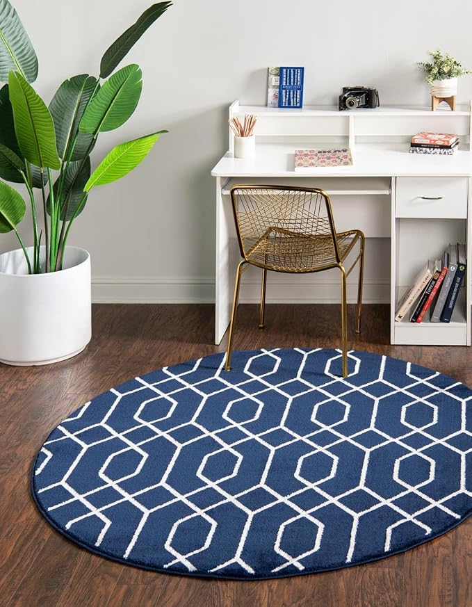 Unique Loom Glam Collection Area Rug - Trellis (7' 10' Round, Navy Blue Silver/ Silver)