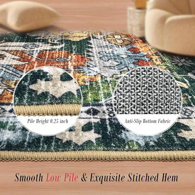RUGSURE Washable Area Rugs - Perfect for Living Room, Bedroom, Kids Room, Nursery - Stain & Water Resistant Non-Slip, Pet & Child Friendly, Vintage Tribal Area Rugs (Green, 4' x 6')