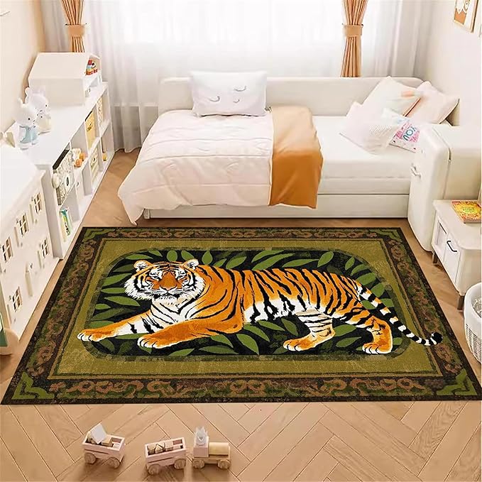 Tiger Area Rug,4x5ft, Tiger Print Rug,Tiger Themed Stylish Rug, Bohemian Vintage Tiger Print Rug, Non-Slip Washable Rug for Living Room Bedroom Dining Room Kids Room Decoration