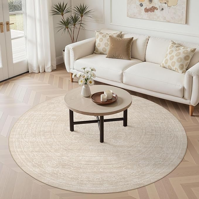 6ft Round Rug Living Room: Washable Large Vintage Neutral Area Rug Non-Slip Soft Stain Resistant Indoor Carpet for Bedroom Nursery Dining Room Under Table Bed Home House Office Playroom - Beige