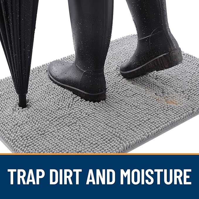 OLANLY Dog Door Mat for Muddy Paws 24x16, Absorbs Moisture and Dirt, Absorbent Non-Slip Washable Doormat, Quick Dry Chenille Mud Mat for Dogs, Entry Indoor Entryway Carpet for Inside Floor, Light Grey