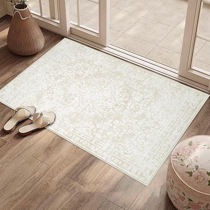 Area Rug 2x3 Entryway Rugs - Machine Washable Vintage Boho Area Rug Non-Slip Kitchen Rugs Soft Stain Resistant Indoor Door Mat, Small Floral Throw Rug for Entrance Hallway Bedroom(Cream Beige, 2'x3')