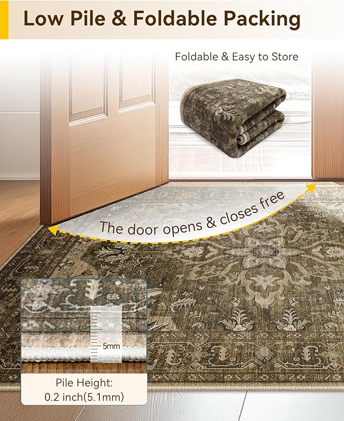 Area Rugs 2'x3' Washable Non-Slip, Floral Vintage Distress Print Pattern Medallion Carpet for Living Room Bedroom Dining Room, Brown Dark Brown