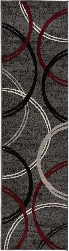 Rugshop Modern Wavy Circles Design Non-Shedding Runner Rug, Carpet for Hallway or Kitchen, Red, 2'7" x 8'