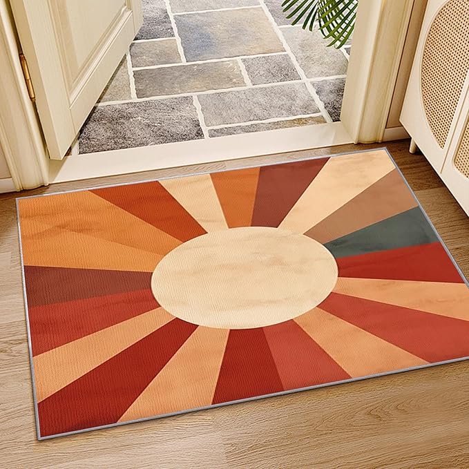 70s Rugs for Living Room -Retro Sun Rug, 5x8 ft, Mid Century Sun Area Rug, Red and Orange Washable Non-Slip Stain Resistant, Boho Retro 70s Home Decor & Gifts
