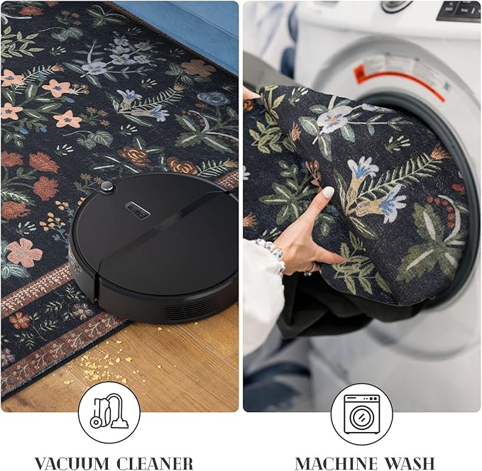 Boho Entryway Rug 2x3 Washable, Black Navy Floral Kitchen Rug, Super Thin Faux Wool Small Area Rug, Non-Slip Soft Carpet for Foyer, Bedroom, Office