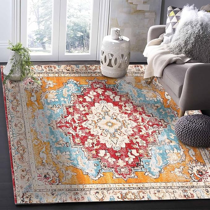 Bohemian Pattern Rectangular Area Rugs for Living Room Bedroom 5 x 6.9 ft Red & Orange Abstract Non-Shedding Soft Low Pile Rug Non Slip Washable Rug for Nursery Entryway Playroom