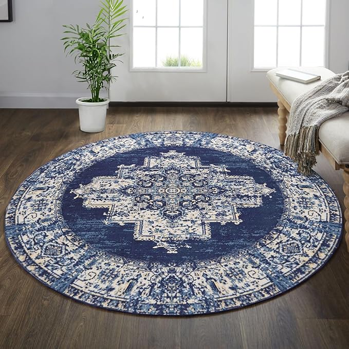 vivorug Round Rug 5ft Vintage Round Area Rug Non-Slip Indoor Carpet for Living Room Bedroom Entryway, Stain Resistant Home Decor Circle Rug, Navy Blue