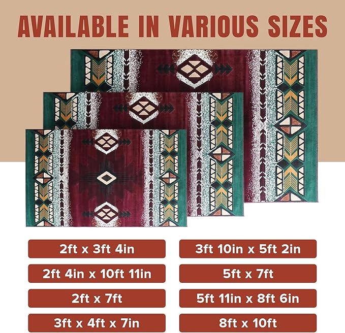 YHSF South West Native American Area Rug C318 - Easy Clean, Thick, Soft, Durable Native Tribal American Indian Inspired Rug for Bedroom/Living Room and More - Burgundy, 2 Feet x 7 Feet