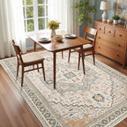 3x5 Grey Beige Area Rug for Living Room, Machine Washable Rugs with Non-Slip Backing for Bedroom, Vintage Medallion Carpet Kitchen Laundry Kids Room Decor