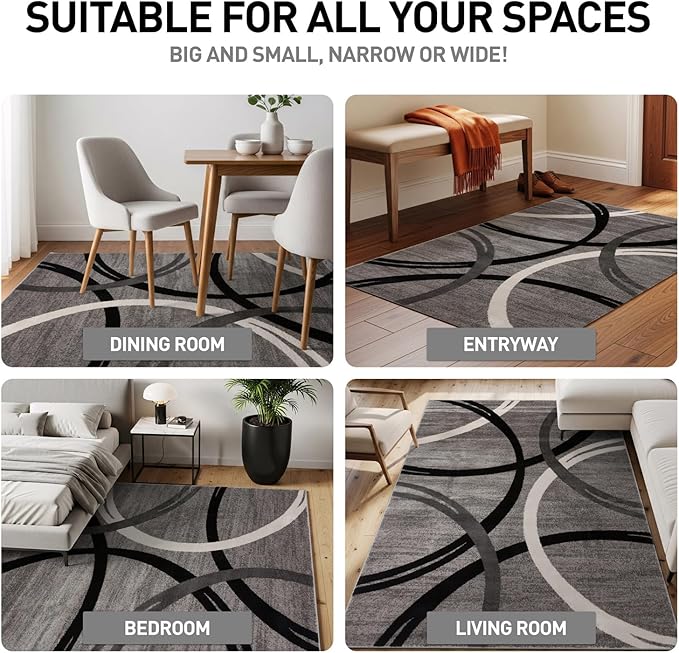 Rugshop Wavy Circles Design Area Rug, Fade-Resistant Carpet for Living Room, Dining Room, or Office,Grand Room,Open Spaces Gray, 8'8" x 12'