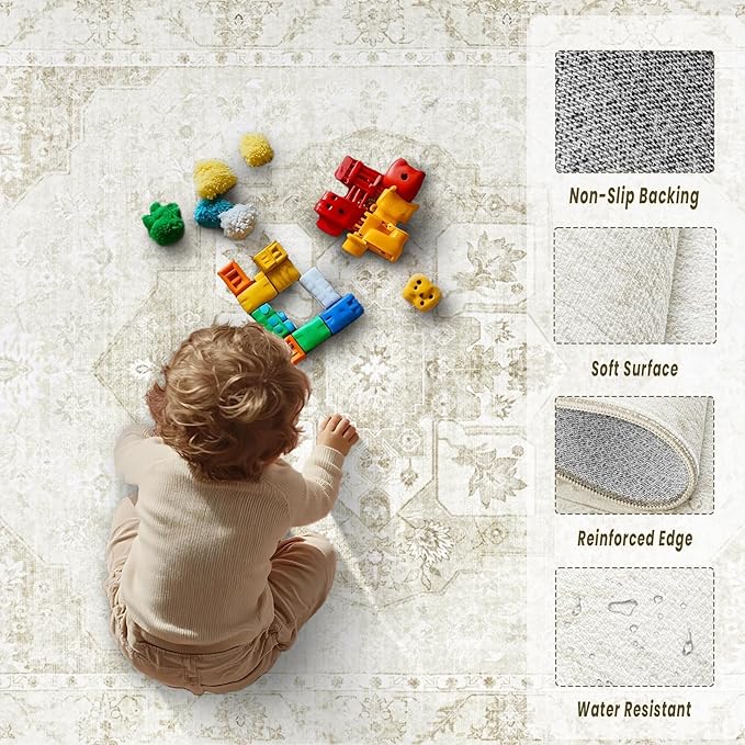 9x12 Area Rugs Washable Rugs for Living Room, Large Vintage Boho Rug Non-Slip Soft Floral Distressed Rug Low Pile Stain Resistant Carpet for Bedroom Nursery Office Dining Room Farmhouse(Beige, 9'x12')