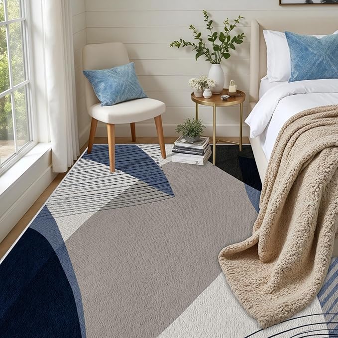 Abstract Art Line Living Room Area Rugs 6x8, Modern Boho Geometric Print Soft Rug, Minimalist Washable Non Slip Neutral Carpet for Bedroom, Dining Room Office Playroom, Navy Blue Gray