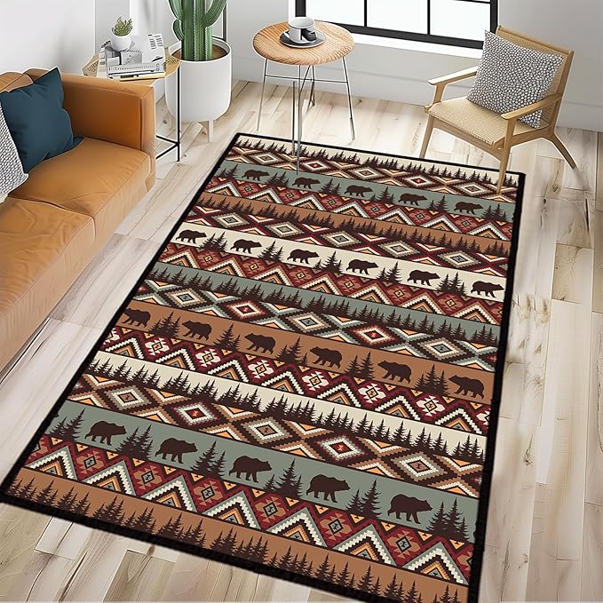 Rustic Cabin Wildlife Area Rug 3x5 Washable Bedroom Rug,Bear Moose Deer Country,Farmhouse Throw Rugs Non Slip Area Carpet Small Floor Carpets Mat for Entryway,Living Room,Laundry,Office