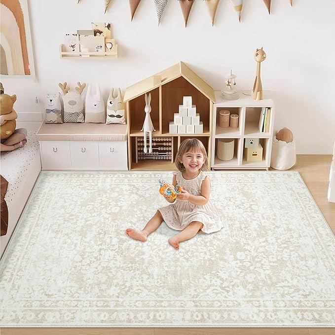 Area Rug 4x6 Entryway Rugs - Machine Washable Vintage Boho Area Rug Non-Slip Bedroom Rugs Soft Stain Resistant Living Room Carpet, Floral Distressed Rug for Dining Room Office(Cream Beige, 4'x6')