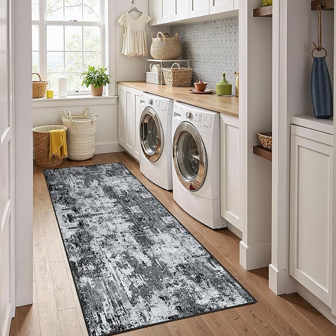 Washable Area Rugs 2'x10' Non-Slip Modern Abstract Soft for Living Room Entryway Bedroom Nursery, Print Pattern, Black Gray