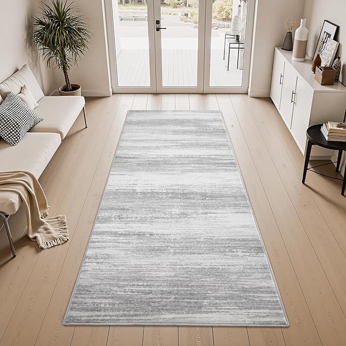 PADOOR Modern Abstract Runner Rug - 2x5 Washable Hallway Rugs, Ultra Soft Non-Slip Low Pile Floor Rugs for Hallway Entryway Kitchen Bedroom Bedside Laundry Room Grey