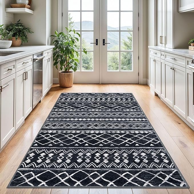 KUTA Bedroom Boho Rug 4x6 Black, Moroccan Washable Area Rugs Non Slip, Ultra Soft Print Distressed Geometric Low-Pile Entry Throw Carpet for Bedroom Nursery Dorm Kitchen Decor