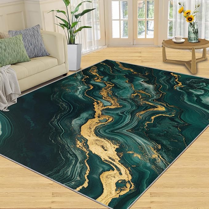 4x5 Abstract Marble Indoor Outdoor Rug - Emerald-Green-Marble Bedside Rug, Luxury Stone Pattern Washable Entry Way Rugs Kids Carpet for Inside House Playroom Living Room End Table Nursery