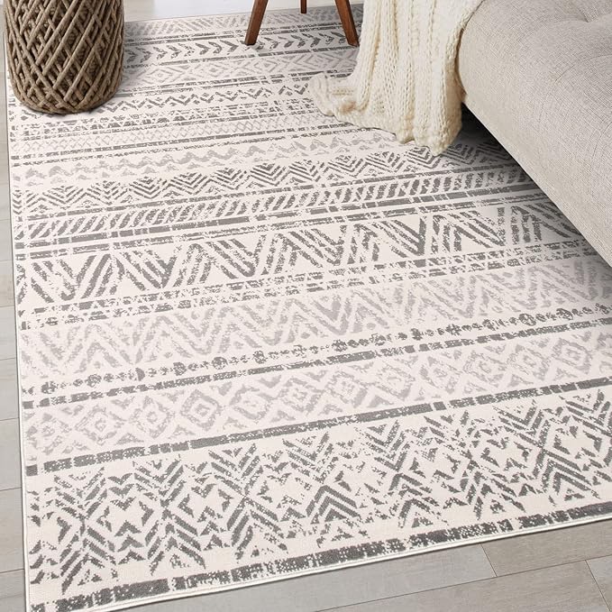 Rugshop Geometric Boho Area Rug – Gray Tribal Pattern, Perfect for Living Room, Bedroom, Dining Room, 4' x 6'