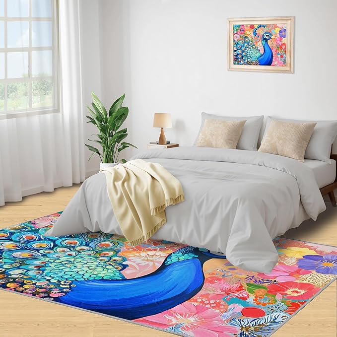 Peacock Area Rug 3x5-3x5 Rug, Boho Floral Rugs for Living Room, Colorful Carpet, Oil Painting Art Washable Area Rugs for Bedroom, Aesthetics Carpet - Peafowl Home Decor & Gifts