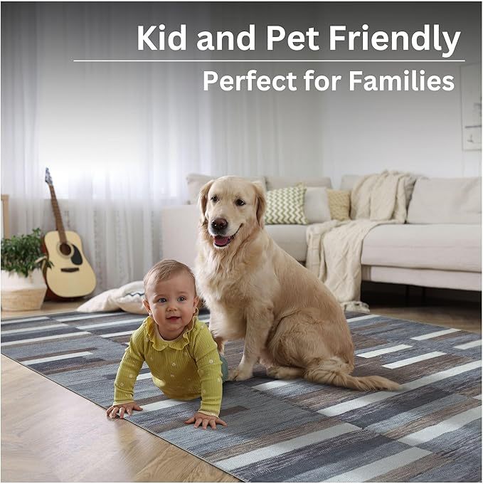 Bloom Rugs Washable Non-Slip 9' x 12' Rug - Blue/Brown Striped Area Rug for Living Room, Bedroom, Dining Room, and Kitchen - Exact Size: 9' x 12'