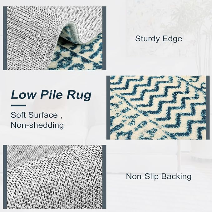 Moroccan Small Rug for Bedroom 2x4, Soft Non-Slip Indoor Door Mats for Entryway, Low-Pile Non-Shedding Blue Rug Vintage Rugs for Kitchen Bathroom Laundry Room
