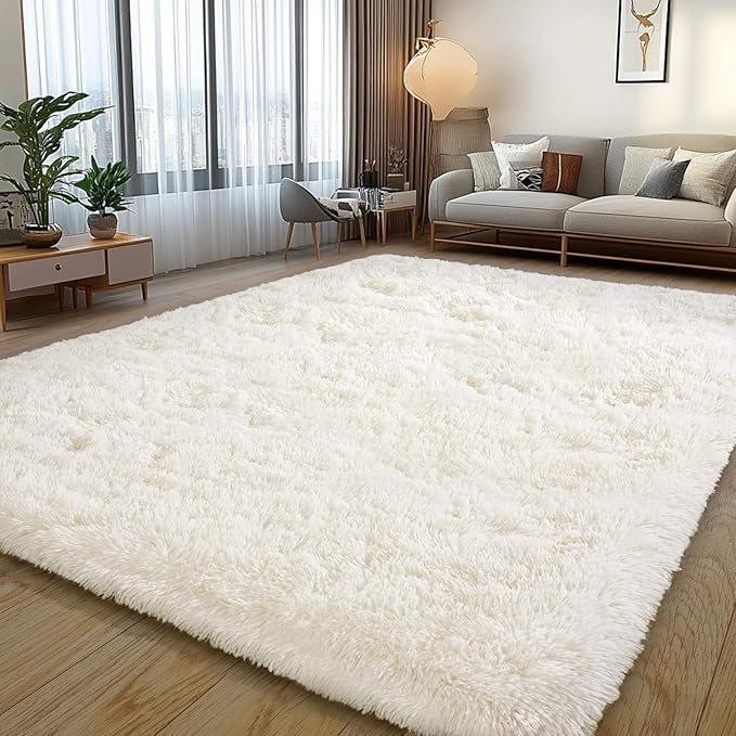 Cream White Plush Rug for Living Room Fuzzy Carpet for Bedroom Dorm, Non-Slip High Pile Rug, Shag Rug for Playroom Nursery Home Office Decor 6X9 Ft