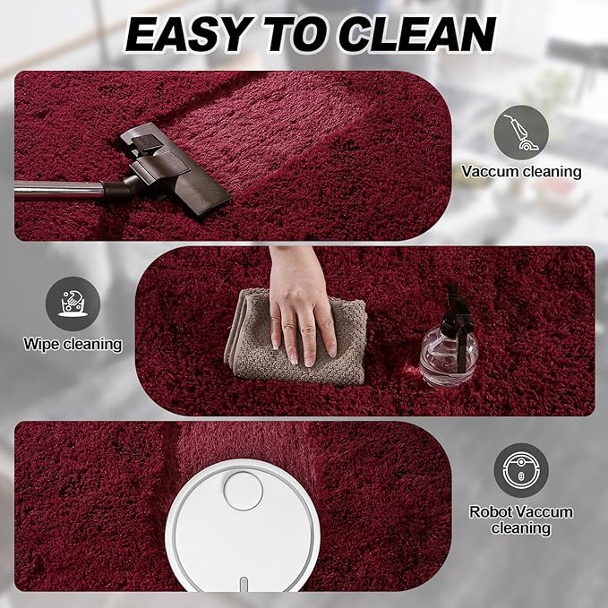 Burgundy Plush Rug for Living Room Fuzzy Carpet for Bedroom Dorm, Non-Slip High Pile Rug, Shag Rug for Playroom Nursery Home Office Decor 6X9 Ft