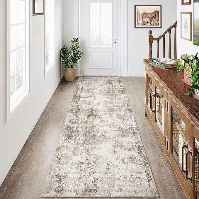 3x7 Washable Runner Rug Brown Grey Abstract Hallway Kitchen Throw Rug Neutral Modern Non Slip Soft Low Pile Carpet for Bathroom Laundry Bedroom Living Room