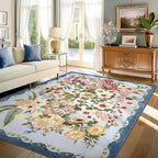 Floral Washable 5x7 Area Rugs - Living Room Rug Non Slip Low Pile Stain Resistant Carpets Indoor Vintage Flower Print Rug for Bedroom Dining Room Kitchen Home Office, Blue